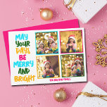 Merry Bright Christmas Photo Collage Roze Feestdagenkaart<br><div class="desc">Schattigee en vrolijke familie foto collage vakantie kaarten met een kleurrijke streng van kerstverlichting gewikkeld rond uw kinder foto. Moge je dagen vrolijk en helder zijn, geschreven in vetgedrukte letters van lichtblauw naar je familienaam in heet roze. Een regenboog van kleuren voor de feestdagen. Voeg je favoriete 4 foto's toe....</div>