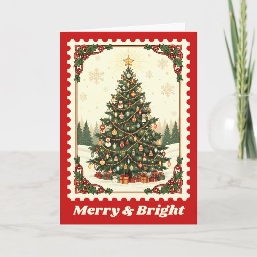 Merry & Bright Christmas Tree Postage Stamp Feestdagen Kaart (Voorkant)