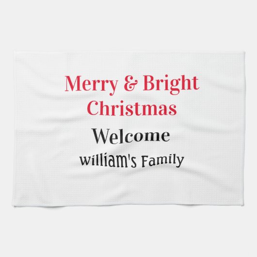 Merry Bright Christmas voeg familienaam welkomstvr Theedoek (Horizontaal)