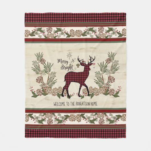 Merry Bright Christmas Winter Familienaam W Deer Fleece Deken (Voorkant)