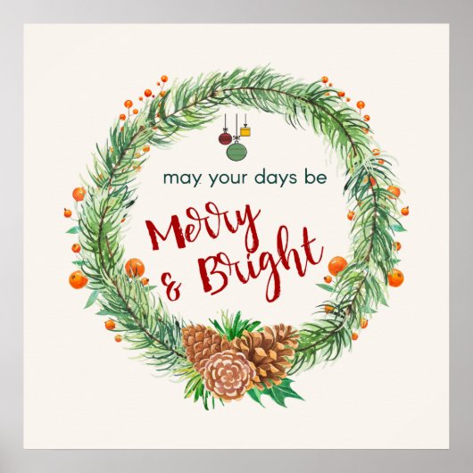 Merry & Bright Christmas Wreath Poster (Voorkant)