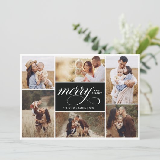 Merry Bright Collage Holiday Photo Card Black Kaart (Staand voorkant)