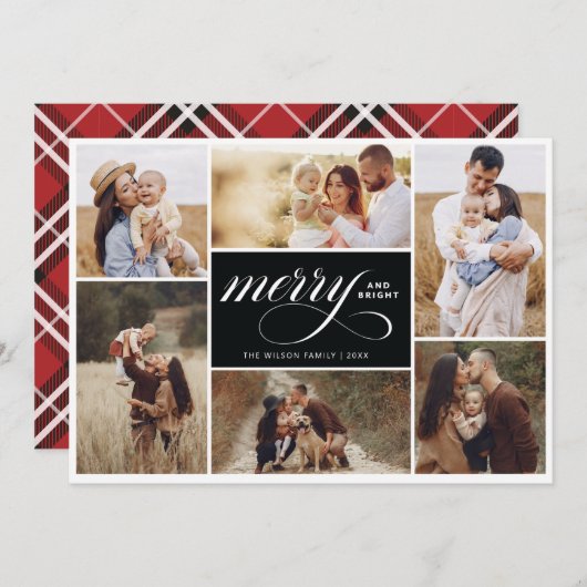 Merry Bright Collage Holiday Photo Card Black Kaart (Voorkant / Achterkant)