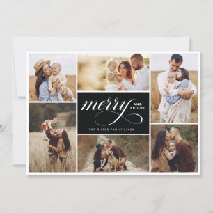 Merry Bright Collage Holiday Photo Card Black Kaart