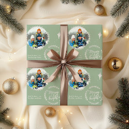 Merry & Bright Custom Foto Groen en Zilver Cadeaupapier