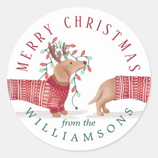 Merry & Bright | Dachshund Dog-kerstkeuken Ronde Sticker (Voorkant)