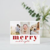 Merry Bright Drie Foto Chic Rood Wit Kerstmis Feestdagenkaart (Staand voorkant)