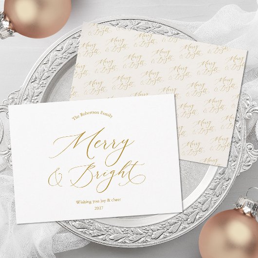Merry & Bright Elegant Gold Script Christmas Card Feestdagenkaart