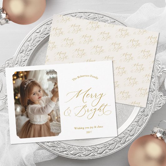 Merry & Bright Elegant Gold Script Christmas Photo Feestdagenkaart