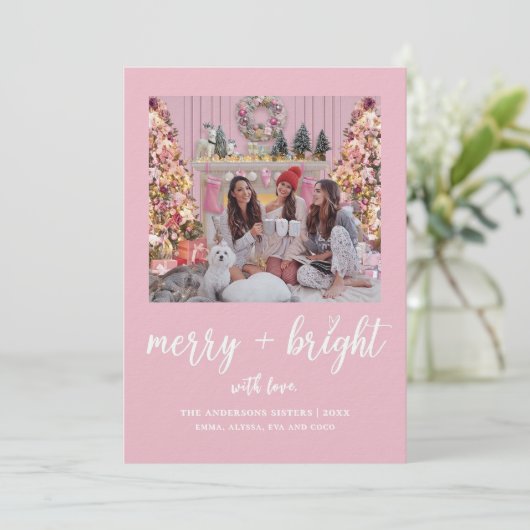 Merry Bright Elegant Pink Sisters Kerstfoto Feestdagenkaart (Staand voorkant)