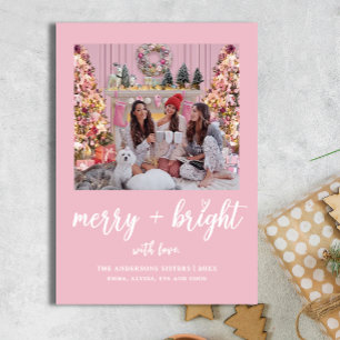 Merry Bright Elegant Pink Sisters Kerstfoto Feestdagenkaart