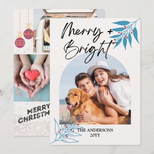 Merry Bright Elegant Script Arch 4 FotoKerstmis Feestdagenkaart (Voorkant / Achterkant)