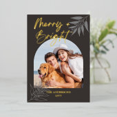 Merry Bright Elegant Script Arch 4 FotoKerstmis Folie Feestdagenkaart (Staand Voorkant)