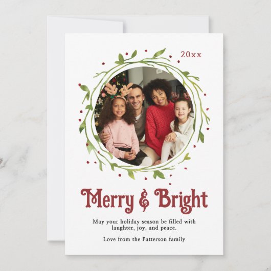 Merry & Bright Familie Foto Krans Kerst Kaarten (Voorkant)