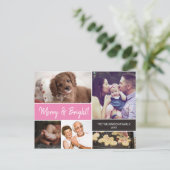 Merry & Bright Familie Fotocollage Roze Kerstmis Feestdagenkaart (Staand voorkant)