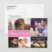 Merry & Bright Familie Fotocollage Roze Kerstmis Feestdagenkaart (Voorkant / Achterkant)