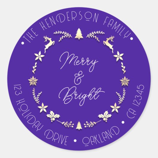 Merry Bright Family Address Deer Gold WreatBlue Ronde Sticker (Voorkant)