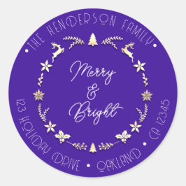Merry Bright Family Address Deer Gold WreatBlue Ronde Sticker