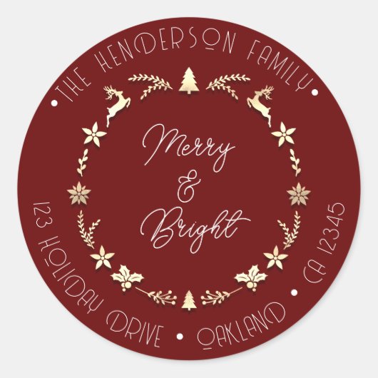 Merry Bright Family Address Deer Gold Wreath Red Ronde Sticker (Voorkant)