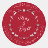 Merry Bright Family Address Deer Grey Silver Red Ronde Sticker (Voorkant)