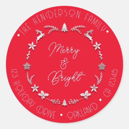 Merry Bright Family Address Deer Grey Wreath Red Ronde Sticker (Voorkant)