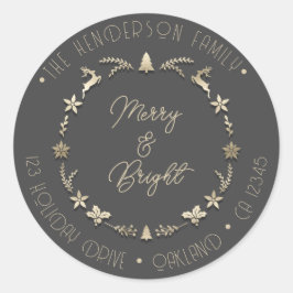 Merry Bright Family Address Deer Stars Gold Grey Ronde Sticker