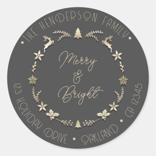 Merry Bright Family Address Deer Stars Gold Grey Ronde Sticker (Voorkant)
