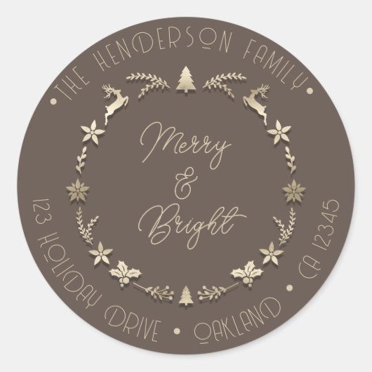 Merry Bright Family Address Deer Stars Gold Sepia Ronde Sticker (Voorkant)