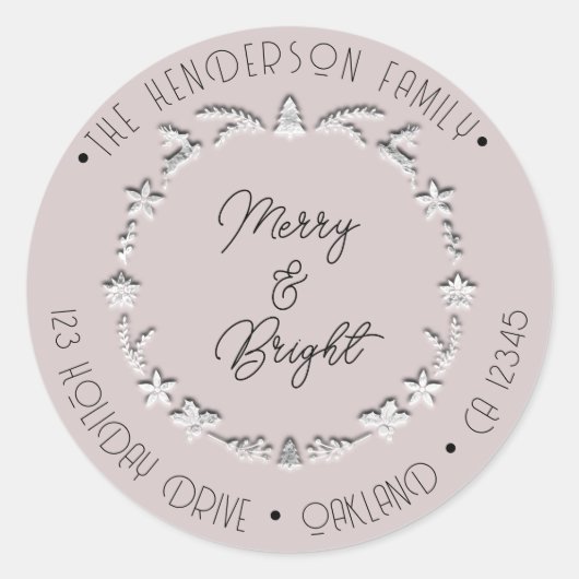 Merry Bright Family Address Deer Stars Silver Roos Ronde Sticker (Voorkant)