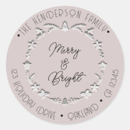 Merry Bright Family Address Deer Stars Silver Roos Ronde Sticker