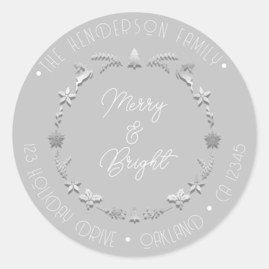 Merry Bright Family Address Deer Wreath Silver Ronde Sticker (Voorkant)