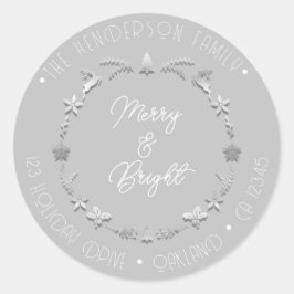 Merry Bright Family Address Deer Wreath Silver Ronde Sticker