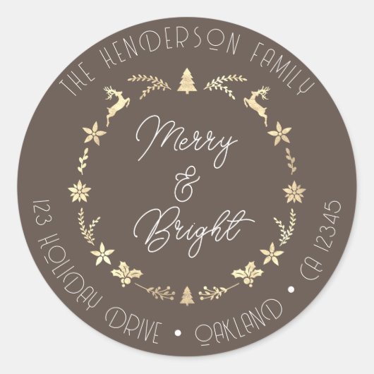 Merry Bright Family Address Reindeer Wreath Gold Ronde Sticker (Voorkant)
