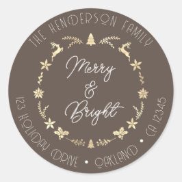 Merry Bright Family Address Reindeer Wreath Gold Ronde Sticker