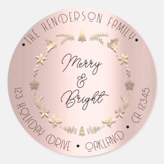 Merry Bright Family Address Wreated Gold Roos Ronde Sticker (Voorkant)