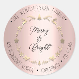 Merry Bright Family Address Wreated Gold Roos Ronde Sticker