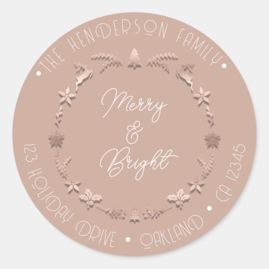 Merry Bright Family Address Wreater Deer Roos Pink Ronde Sticker (Voorkant)