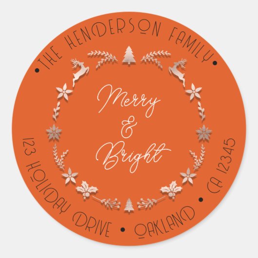 Merry Bright Family Address Wreater Deer RoseOrang Ronde Sticker (Voorkant)