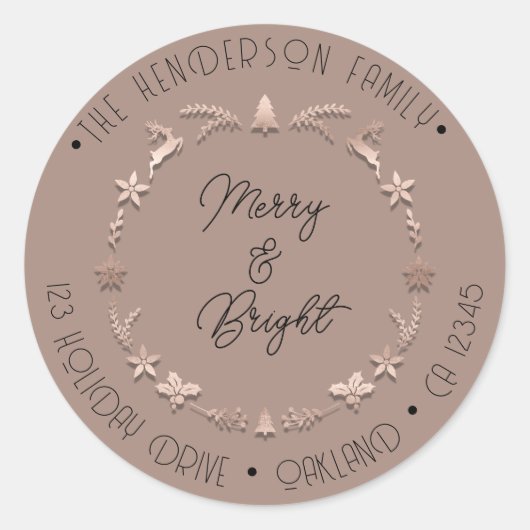 Merry Bright Family Address Wreater Roos Ronde Sticker (Voorkant)