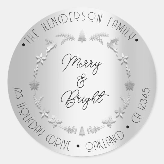 Merry Bright Family Address Wreath Grey Silver Ronde Sticker (Voorkant)