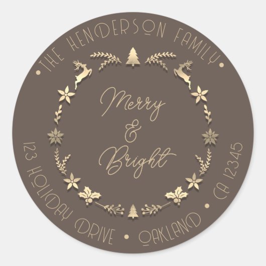 Merry Bright Family Adres Deer Stars Gold Brown Ronde Sticker (Voorkant)