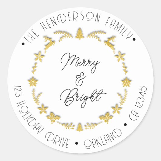 Merry Bright Family Adres Deer Stars Gold White Ronde Sticker (Voorkant)