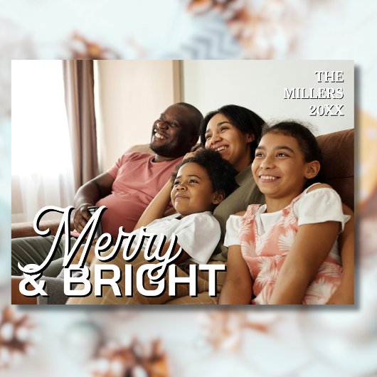 Merry & Bright Family Photo Elegant Light Gray Feestdagenkaart