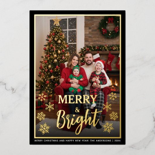 Merry & Bright Family Photo & Snowflakes Christmas Folie Feestdagenkaart (Voorkant)