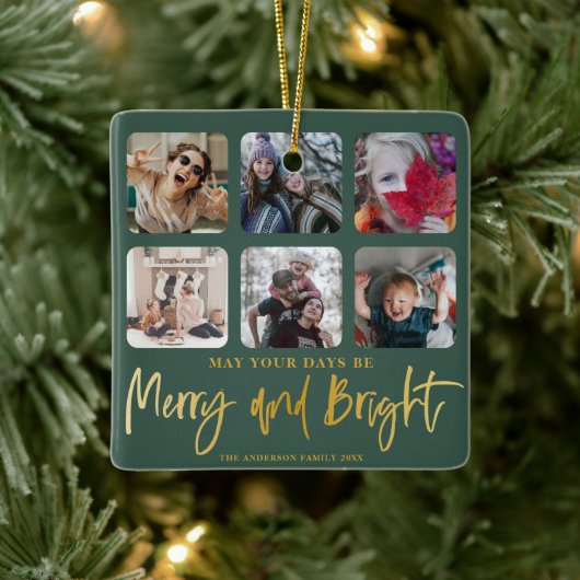 Merry & Bright Faux Goud & Groen 6 Foto Kerstmis Keramisch Ornament (Boom)