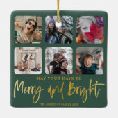 Merry & Bright Faux Goud & Groen 6 Foto Kerstmis Keramisch Ornament (Achterkant)