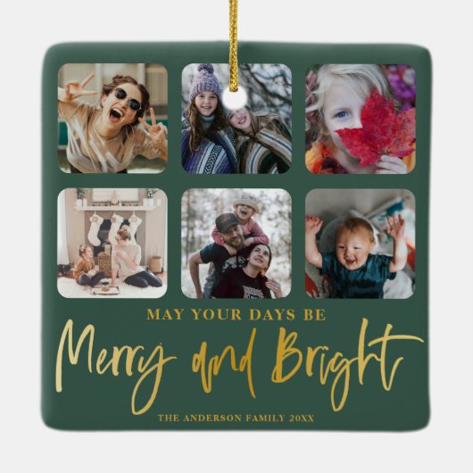 Merry & Bright Faux Goud & Groen 6 Foto Kerstmis Keramisch Ornament (Achterkant)