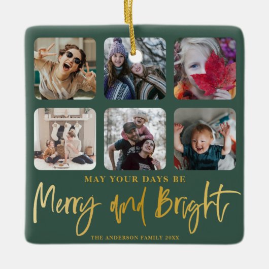 Merry & Bright Faux Goud & Groen 6 Foto Kerstmis Keramisch Ornament (Voorkant)