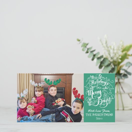 Merry Bright Feestdagen Groen Modern Photo Christm Feestdagenkaart (Staand voorkant)
