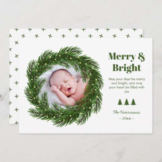 Merry & Bright Fir Tree Circle Foto van Kerstmis Feestdagenkaart (Voorkant / Achterkant)